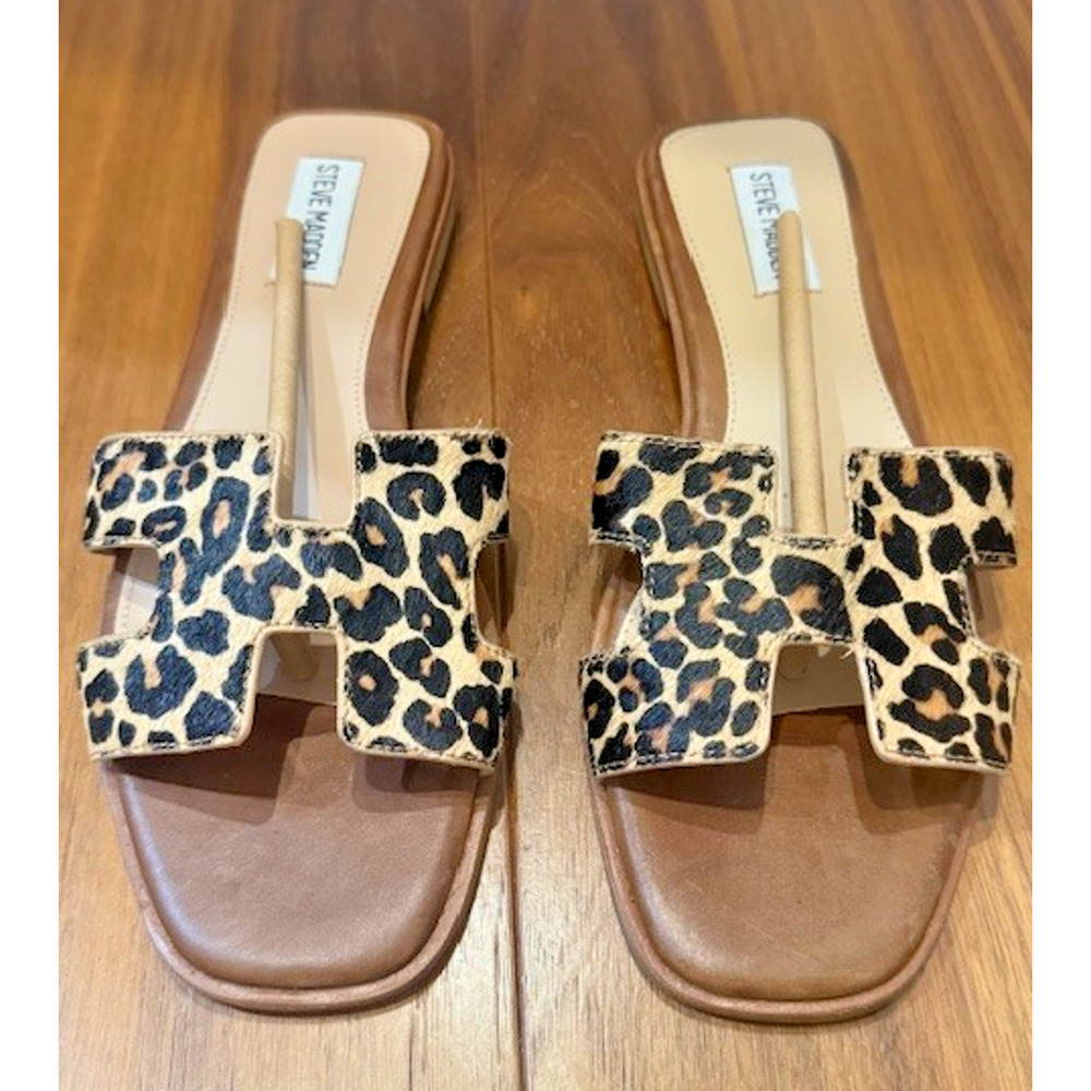 Steve Madden HADYN LEOPARD Hair Fur Leather Women's Slide Sandals SIZE 8.5 NEW